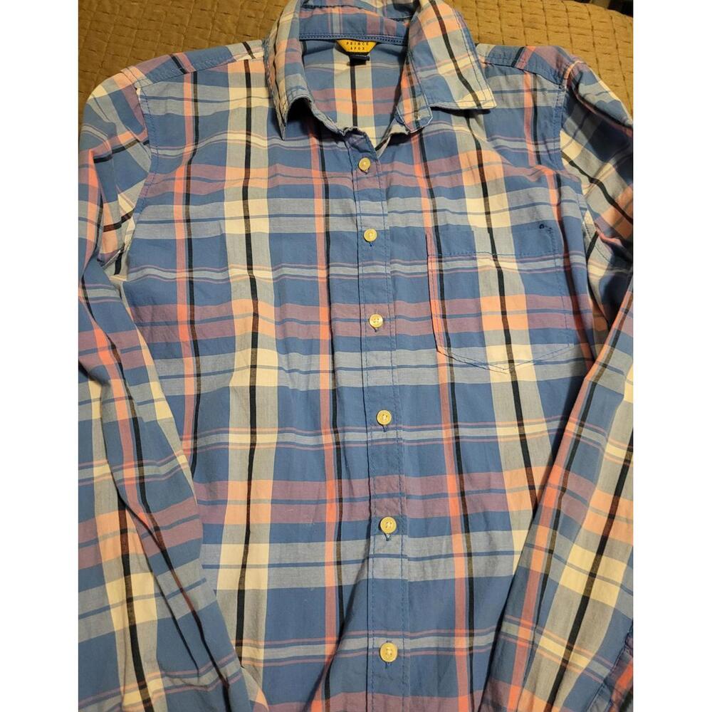 Prince & Fox Women’s Large Plaid Button Up Shirt Blue Pink Long Sleeve Casual